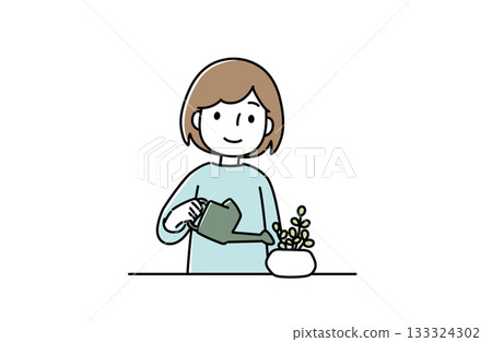 一位女士正在澆花的插圖 一位女士正在澆花的插圖 133324302