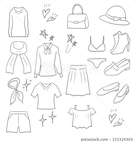 Hand-drawn illustration set related to clothes and accessories (female) 133324303