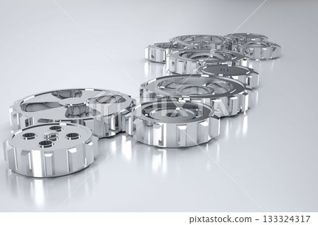 Silver gears are gleaming in 3D render on reflective white surface, showing precision engineering Silver gears are gleaming in 3D render on reflective white surface, showing precision engineering 133324317