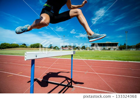 Athletic woman doing show jumping 133324368