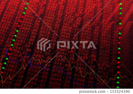 Displaying flat chart showing red numbers green up triangles red down arrows and blue-orange lines Displaying flat chart showing red numbers green up triangles red down arrows and blue-orange lines 133324390