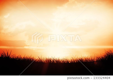 Flat design showing sun radiating beams over grass silhouette with orange sky and scattered clouds Flat design showing sun radiating beams over grass silhouette with orange sky and scattered clouds 133324404