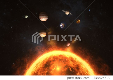 Digitally generated image of planets over sun Digitally generated image of planets over sun 133324409