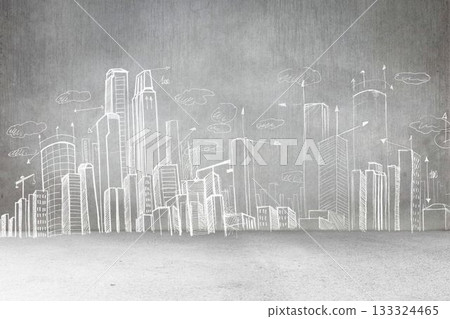 Chalk-drawing city skyline is spanning gray textured wall and floor with clouds and arrows Chalk-drawing city skyline is spanning gray textured wall and floor with clouds and arrows 133324465