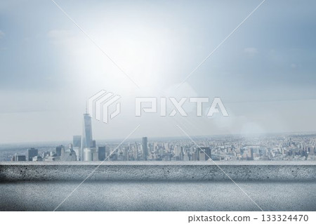 Panoramic city skyline is showing from rooftop terrace in flat design, with railing and lens flare 133324470
