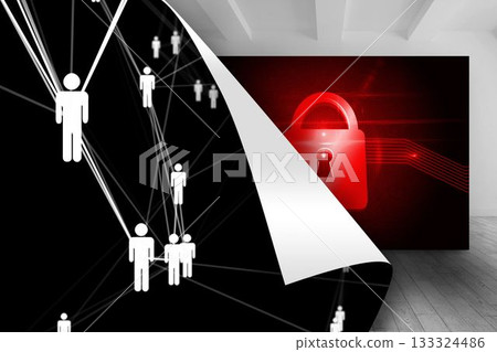 Black background with figures over picture of red lock Black background with figures over picture of red lock 133324486