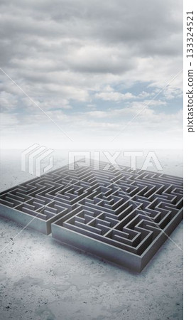 Square metal maze with high walls is sitting on plain, in 3D render under cloudy sky Square metal maze with high walls is sitting on plain, in 3D render under cloudy sky 133324521