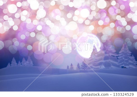 Full moon is glowing behind fir trees in flat design snowy hills with pastel bokeh 133324529