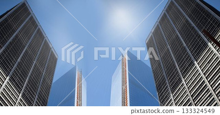 Four glass skyscrapers are rising in flat design urban skyline, featuring sun lens flare 133324549