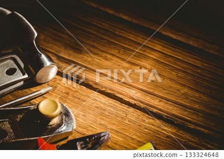 Flat design tools are being displayed with hammer, wrench, pliers, punch and tape measure, copy sp Flat design tools are being displayed with hammer, wrench, pliers, punch and tape measure, copy sp 133324648