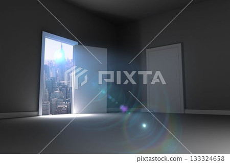 Cityscape seen from open door with lens flare Cityscape seen from open door with lens flare 133324658
