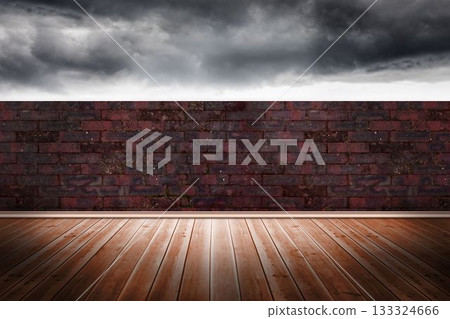 Weathered brick wall rising from wooden floorboards under stormy cloudscape, flat design Weathered brick wall rising from wooden floorboards under stormy cloudscape, flat design 133324666
