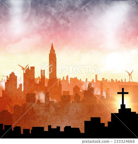 Cross religion symbol shape over cityscape Cross religion symbol shape over cityscape 133324668