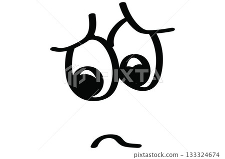 Simple line art cartoon face is floating on white backdrop, featuring large googly eyes and frown 133324674