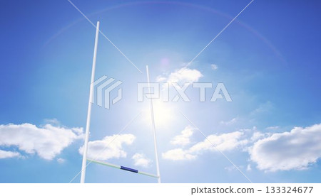 Vector white rugby goalposts are standing against blue sky, showcasing green-blue padded crossbar 133324677