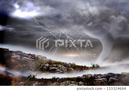 Stormy sky with tornado over landscape 133324684