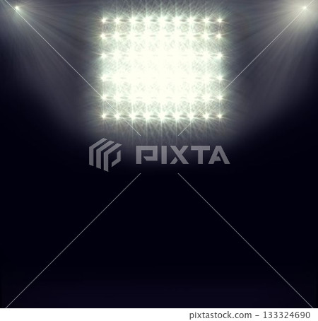 Flat design grid of stadium floodlights is casting bright starburst beams over dark arena floor Flat design grid of stadium floodlights is casting bright starburst beams over dark arena floor 133324690