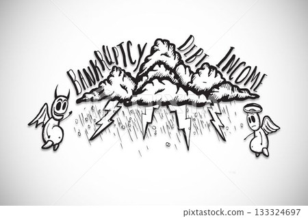 Cloud releasing lightning, raindrops in B and W doodle, showing BANKRUPTCY DEBT INCOME, devil and an Cloud releasing lightning, raindrops in B and W doodle, showing BANKRUPTCY DEBT INCOME, devil and an 133324697