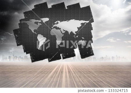 Floating hexagonal metal map is hovering against skyline in 3D render under lightning and sunrays 133324715