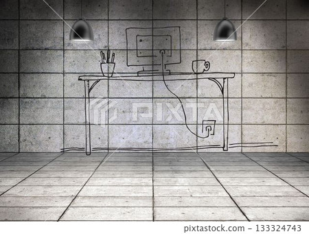 Digitally generated drawn desk in grey room Digitally generated drawn desk in grey room 133324743