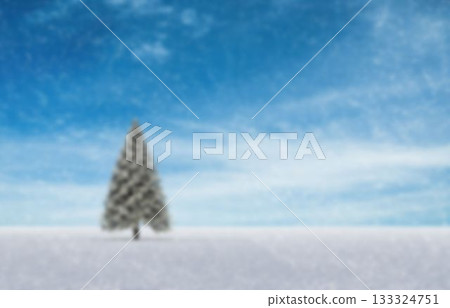 Solitary evergreen tree standing on snow-covered plain under drifting snowflakes, flat design 133324751