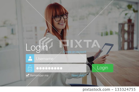 Log-in screen with redheaded woman and pad device 133324755