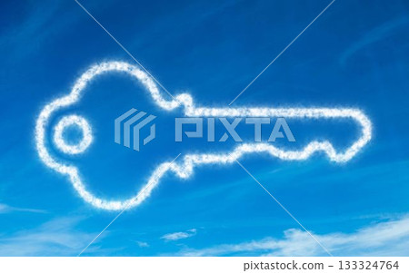 Clouds are forming sharp key shape in flat design illustration against bright blue sky, copy space Clouds are forming sharp key shape in flat design illustration against bright blue sky, copy space 133324764