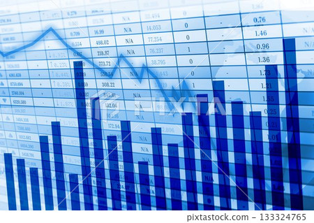 Blue flat visualization showing bar chart and downward arrow over data grid with world map overlay 133324765