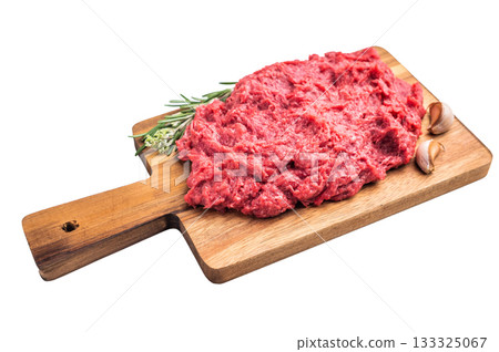 Raw ground venison (deer meat) with fresh rosemary and garlic on a rustic wooden board, ready for a gourmet wild game recipe. Raw ground venison (deer meat) with fresh rosemary and garlic on a rustic wooden board, ready for a gourmet wild game recipe. 133325067