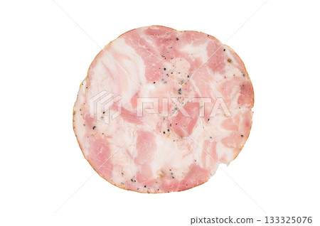 Overhead shot of premium deli meat slices (likely ham or turkey roll) ready to serve as an appetizer or luncheon. 133325076