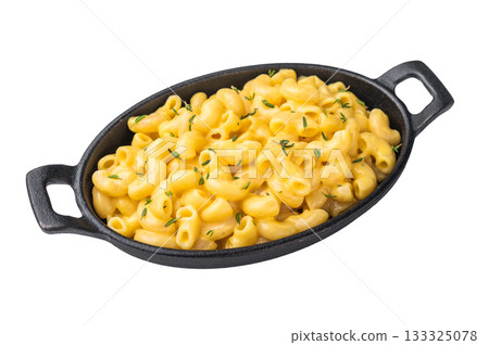 Savory mac and cheese presented in a cast iron dish, minimal white background highlights the rich texture. Savory mac and cheese presented in a cast iron dish, minimal white background highlights the rich texture. 133325078