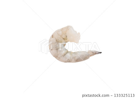 Premium raw peeled shrimp prawn on a light background. Fresh seafood ingredient for gourmet cooking and healthy protein meals. 133325113
