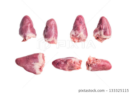 Pile of raw chicken hearts on a clean white background, perfect for culinary stock photos. 133325115