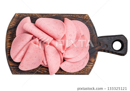 Heap of folded luncheon meat (salami/ham) slices on a vintage style dark wooden serving board. Ready-to-eat protein snack. Heap of folded luncheon meat (salami/ham) slices on a vintage style dark wooden serving board. Ready-to-eat protein snack. 133325121