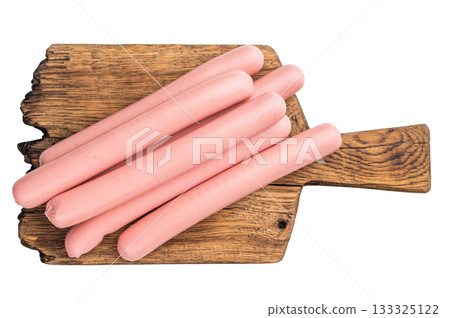 Four raw pink hot dog sausages (franks/wieners) isolated on a clean white background. Perfect for food ads, packaging, or recipe content. Four raw pink hot dog sausages (franks/wieners) isolated on a clean white background. Perfect for food ads, packaging, or recipe content. 133325122