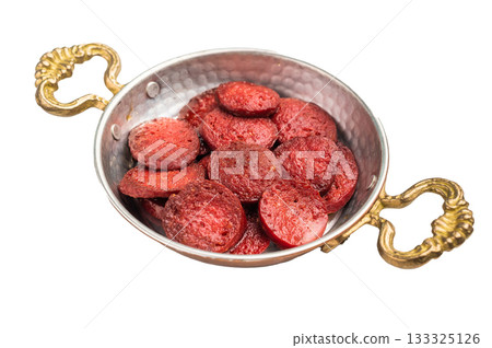 Fried Turkish sucuk (sujuk) slices in a traditional copper pan (sahan). Spicy sausage breakfast dish, top view. Fried Turkish sucuk (sujuk) slices in a traditional copper pan (sahan). Spicy sausage breakfast dish, top view. 133325126