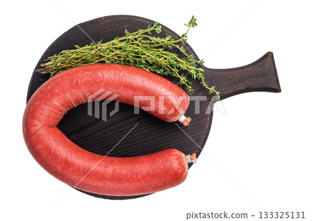 Delicious, spicy Turkish sucuk. Dry-cured sausage is perfect for grilling, frying, or enjoying as an appetizer. Delicious, spicy Turkish sucuk. Dry-cured sausage is perfect for grilling, frying, or enjoying as an appetizer. 133325131