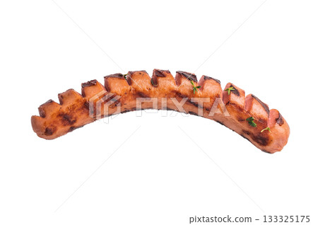 Delicious fried grilled meat sausage, ready to eat. Isolated on white for versatile advertising campaigns, recipe cards, or flyers. 133325175