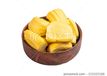 Golden yellow jackfruit pods (bulbs) served as a pile on a clean white background, sweet, peeled, tropical and exotic fruit. 133325180