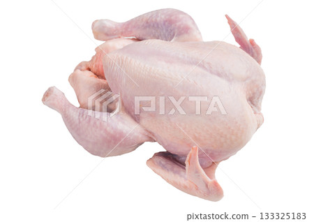 Whole fresh raw chicken carcass on a clean white background. Uncooked poultry, perfect for roasting or grilling. 133325183
