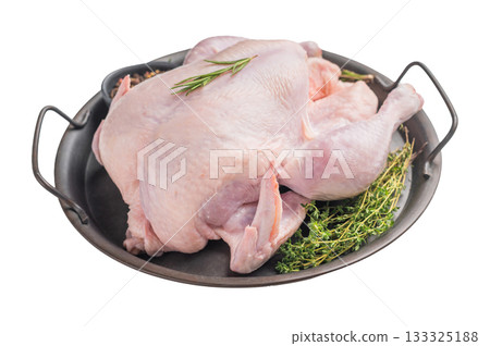 Whole fresh raw chicken carcass on a clean white background. Uncooked poultry, perfect for roasting or grilling. Whole fresh raw chicken carcass on a clean white background. Uncooked poultry, perfect for roasting or grilling. 133325188