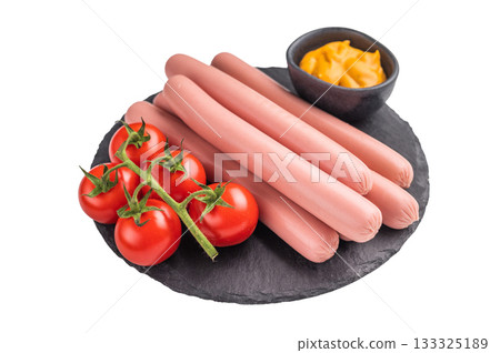 Raw pink hot dog sausages (frankfurters/wieners) on a clean white background. Essential, versatile image for food packaging and commercial use. 133325189