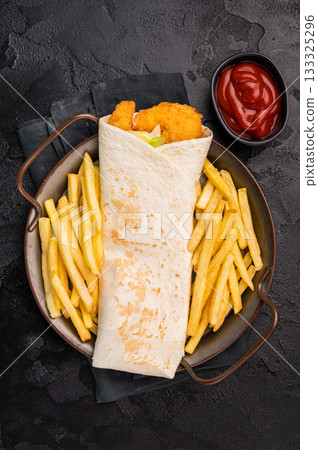 Seafood Wrap, Doner kebab with shrimps, prawns and salad. black background. top view 133325296