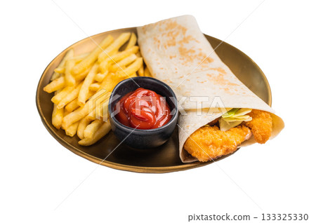 Doner kebab with shrimps, prawns and salad isolated on white background 133325330