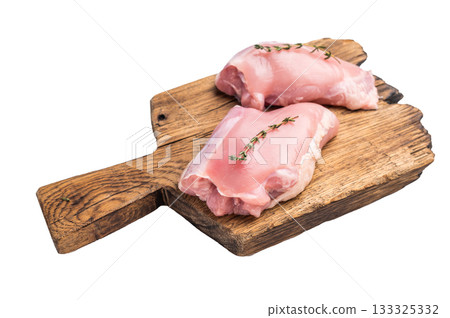 Chicken thigh fillet, raw Skinless boneless poultry meat isolated on white background 133325332