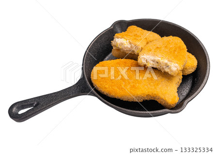 Breaded gold Fish sticks in pan isolated on white background. top view Breaded gold Fish sticks in pan isolated on white background. top view 133325334