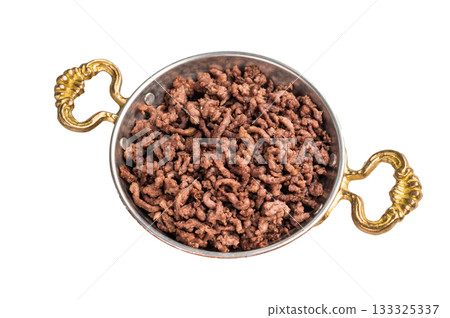 Fried mince lamb meat, cooked forcemeat in a skillet isolated on white background Fried mince lamb meat, cooked forcemeat in a skillet isolated on white background 133325337