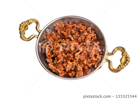 Fried minced beef with tomato paste, Bolognese sauce in a skillet isolated on white background 133325344