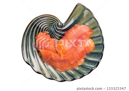 Slices of smoked salmon, trout isolated on white background. top view 133325347