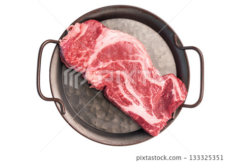 Uncooked Raw Chuck eye roll steak, prime beef meat in kitchen tray isolated on white background 133325351